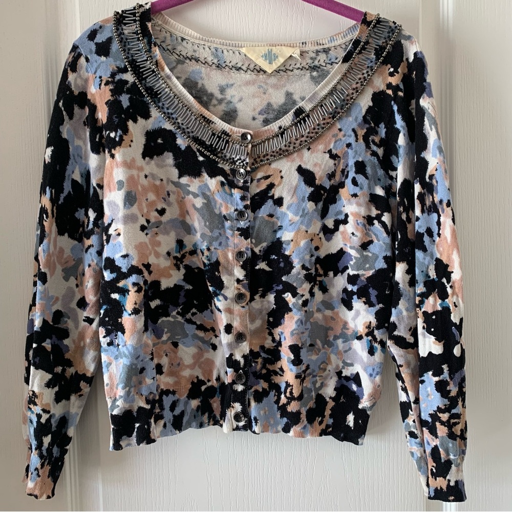 Anthropologie Multicolor Beaded-Neck Cardigan - Blue Pink Black